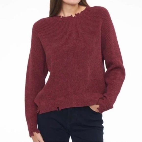 *NWT* Pistola Eva Frayed Edge Rib Knit Cotton Crewneck Sweater Cherry Black Marl - Picture 1 of 6